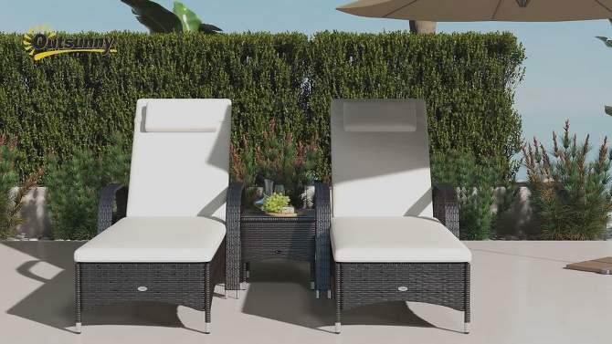 Outsunny 3 Pieces Patio Wicker Chaise Lounge Chair Set, Adjustable Outdoor PE Rattan Cushioned Lounge Set of 2 with Armrests, Side Table & Moving Wheels, 2 of 9, play video