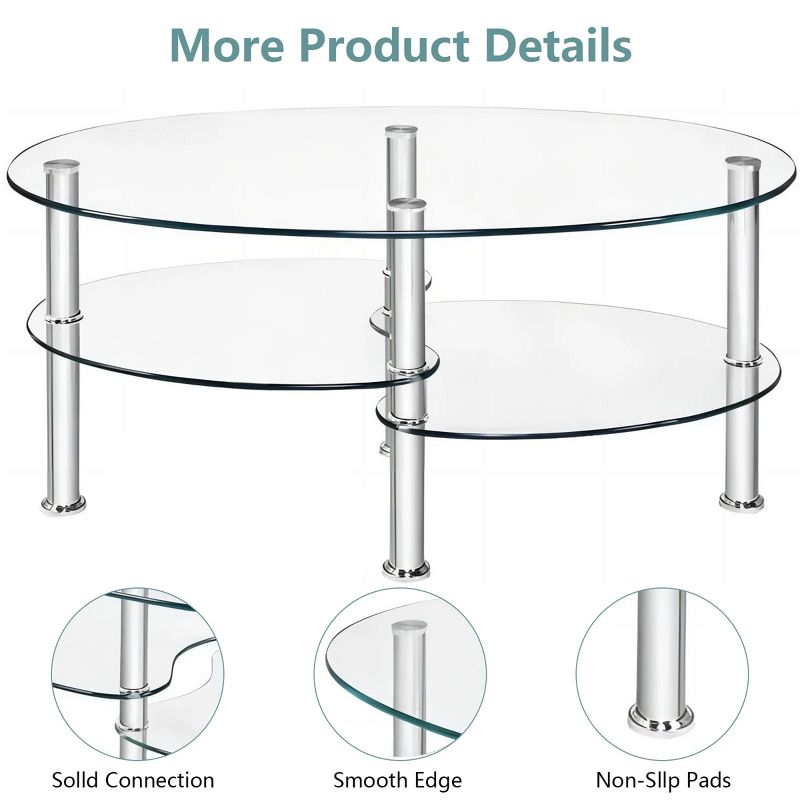 SKONYON Oval Dining Table Glass Coffee Table with Storage Side Shelf and Metal Legs, 3 of 7