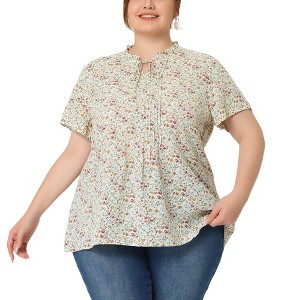 Women's Plus Size Floral Tie Neck Short Sleeve Pleated Casual Blouses - Agnes Orinda - 1 of 4