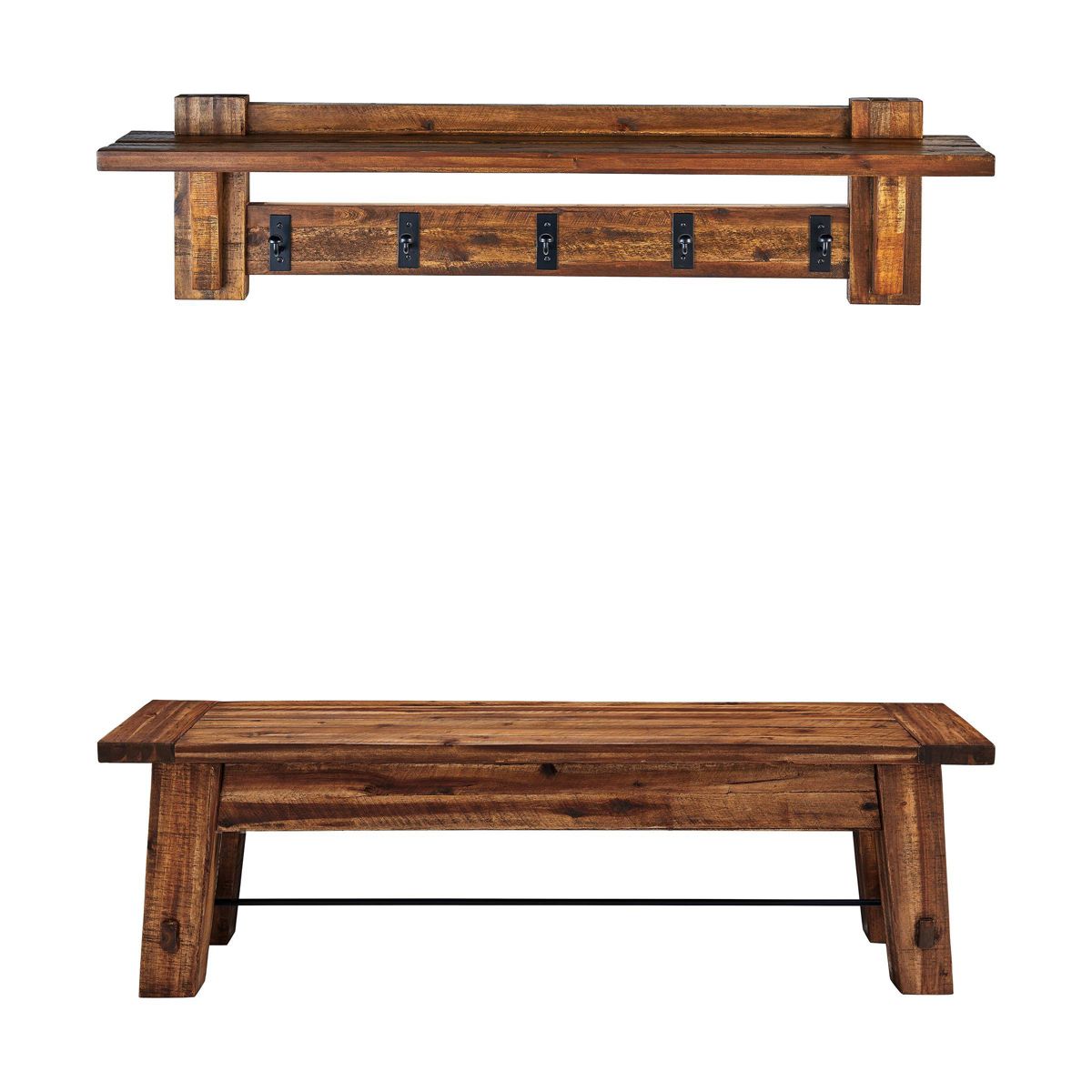 Durango Industrial Wood Coat Hook Shelf and Bench Set Dark Brown - Alaterre: Rustic Hall Tree, Mudroom Storage - thumbnail 2