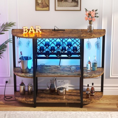 Aheaplus 47.24" Storage Wine Bottle & Glass Rack with Lights and Outlets
