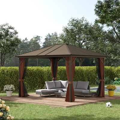 Outsunny 12' x 10' Brown Aluminum Hardtop Gazebo with Curtains