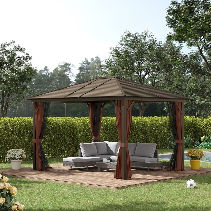 Outsunny 10' x12' Hardtop Gazebo with Aluminum Frame, Permanent Metal Roof Gazebo Canopy with 2 Hooks, Curtains and Netting for Garden, 3 of 10