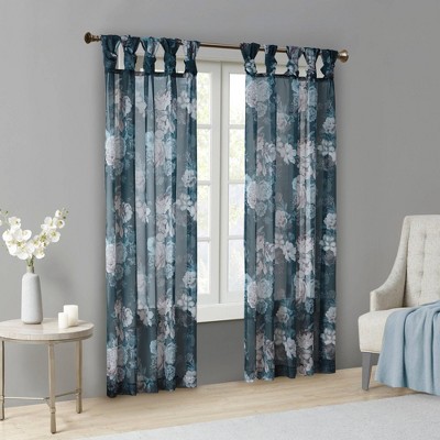 Navy Floral Twist Tab Top Sheer Polyester Curtain Panel