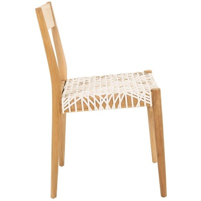 Set of 2 White Woven Leather and Teak Dining Chairs