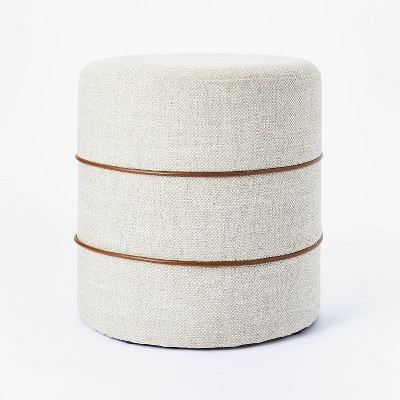 Catalina Round Ottoman Cream with Leather Piping - Threshold&#8482; designed with Studio McGee