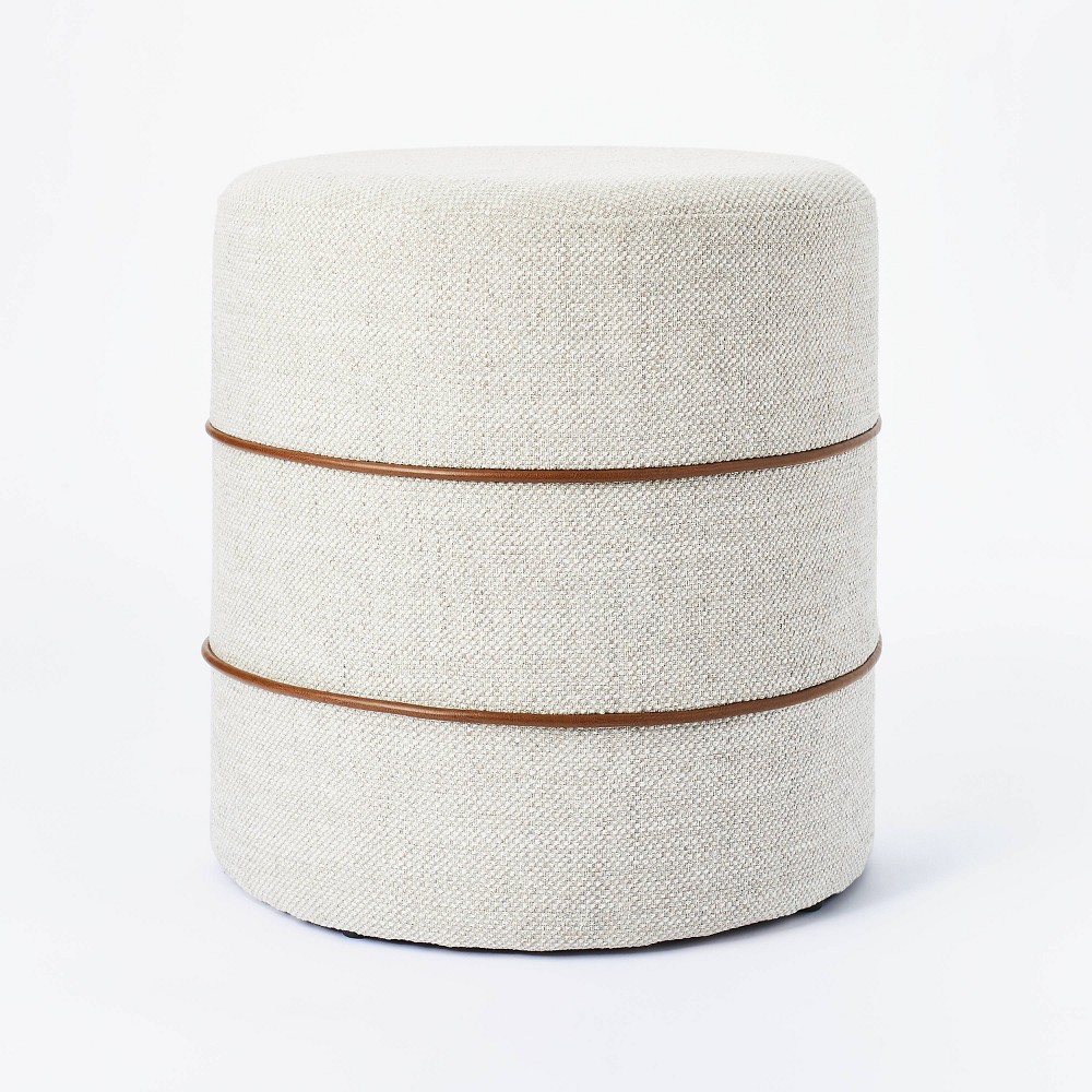 Photos - Pouffe / Bench Catalina Round Ottoman Cream with Leather Piping - Threshold™ designed wit