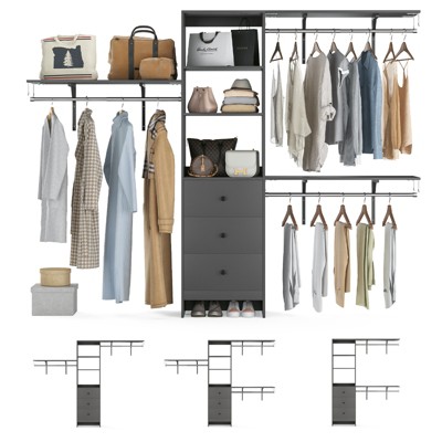 Lirago Adjustable Heavy-Duty Wood Closet Organizer-6 Shelves & 3 Expandable Rods Storage System Gray