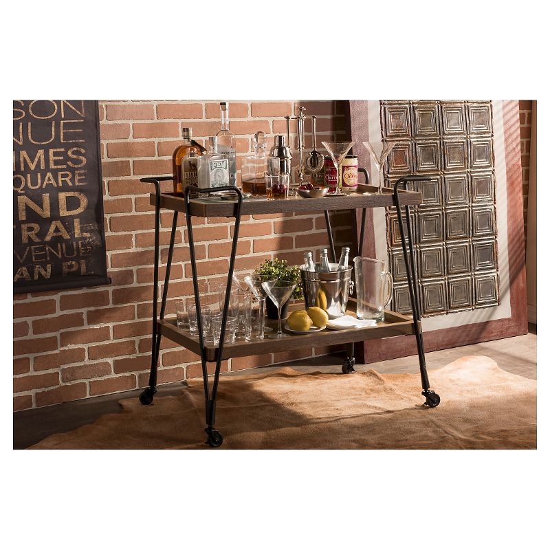 Jessica Rustic Industrial Style Textured Finish Metal Distressed Ash Wood Mobile Serving Bar Cart - Black & Brown - Baxton Studio, 5 of 6