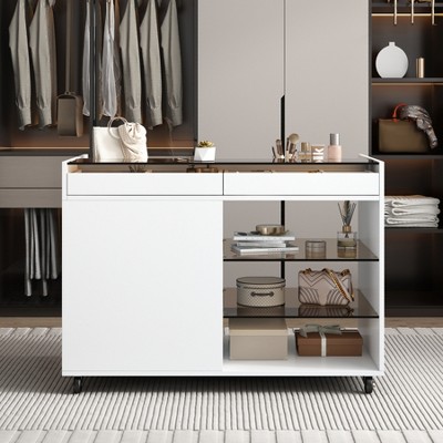Wardrobe Closet Island with Glass Tabletop,Makeup Vanity Storage Island with Drawer, Shop Display Case, Walk In Wardrobe Furniture for Dressing Room