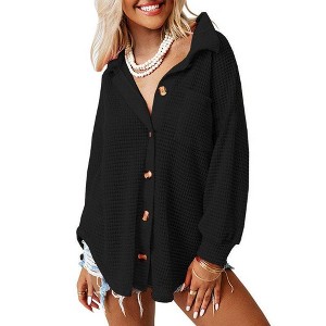 Clearlove Womens Waffle Knit Long Sleeve Button Down Shirts Casual Lightweight Shacket Dressy Blouses Tops - 1 of 4