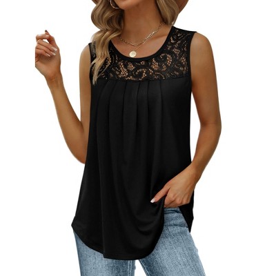 Women's Summer Tank Tops Loose Fit Pleated Tunic Scoop Neck Sleeveless Lace Blouse Flowy Curved Hem Casual Dressy Tops