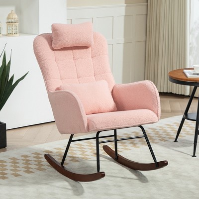 Pink Upholstered High-Back Rocking Chair with Steel Frame and Beech Wood Base