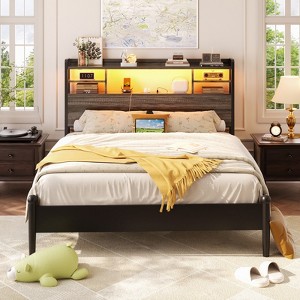 Besiost Headboard with Storage shelves and Charging Station, Wood Headboard with LED Light - 1 of 4