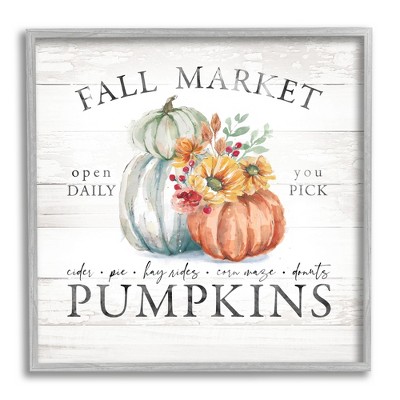 Stupell Industries Fall Market Pumpkins Rustic Country Sign Autumn Florals Black Framed Giclee Art