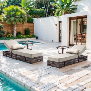 Buenhomino Patio Lounge Chair Set - Outdoor Wicker Chaise Lounge with Adjustable Backrest & Side Table, 5-inch Thick Cushion for Backyard, Poolside - 1 of 4