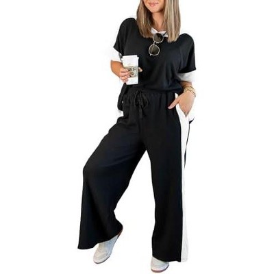 EXLURA Womens Summer 2 Piece Outfits Color Block Short Sleeve Tops Tracksuit Wide Leg Pants Matching Set Lounge Sets 2025