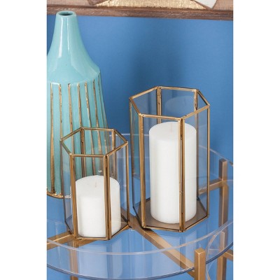 Gold Iron and Glass Hexagonal Candle Lantern Set