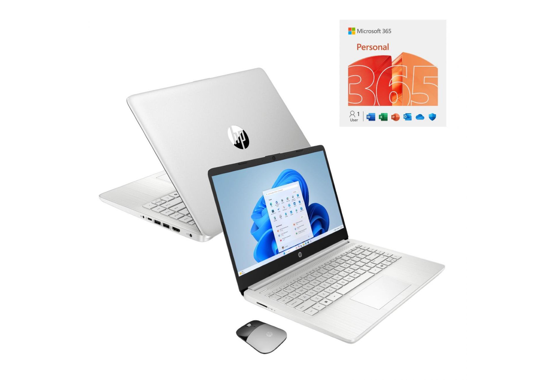 HP 14" HD Touchscreen Notebook Intel N150 4GB RAM 128GB SSD Natural Silver + HP Wireless Mouse + One Year M365 Subscription