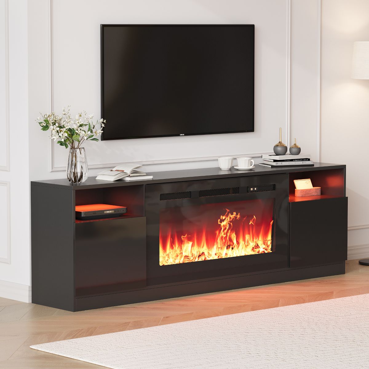 Modern 70" Electric Fireplace TV Stand, 36" Heater, 12 LED Flames, 2‑Tier Entertainment Center, Fits 80" TV, Black Glossy Media Console with Storage - thumbnail 4