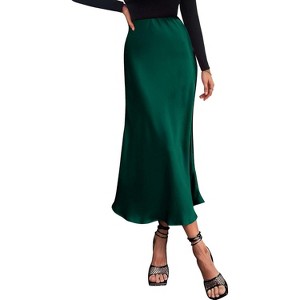Women's 2025 Satin Midi Skirt - Elegant High Waist A-Line for Cocktail & Wedding Events Dark Green - 1 of 4