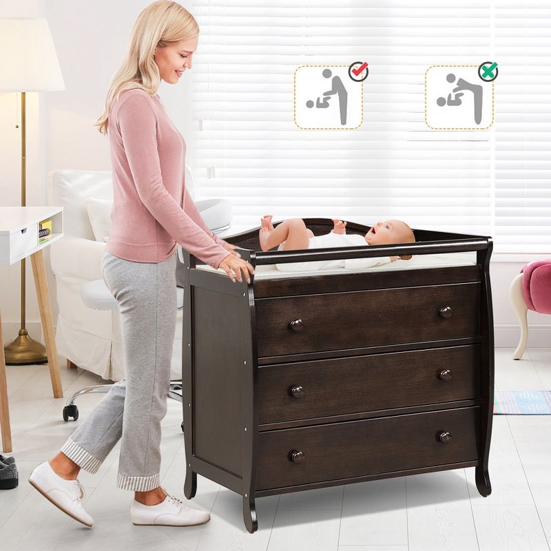 Costway 3 Drawer Baby Changing Table Infant Diaper Changing Station Wood with Safety Belt Brown/Grey/White, 3 of 11
