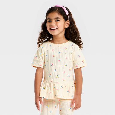 Toddler Girls' Floral Pointelle Peplum T-Shirt - Cat & Jack™ Cream 12M