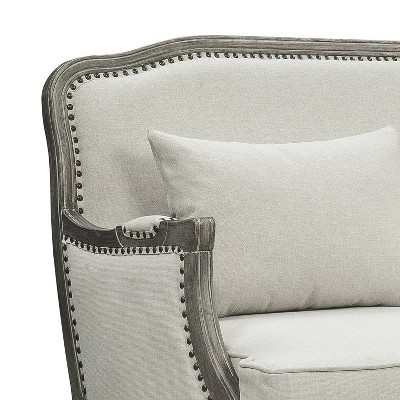 Tania Cream Linen Sofa with Nailhead Trim and Carved Wood Legs