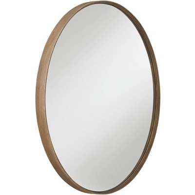 Natural Wood Round Wall Mirror with Ivory Distressing