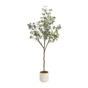 Kate and Laurel Eudora Faux Eucalyptus Tree with Jibbs Scalloped Planter Pot, 6 FT, White - 1 of 4