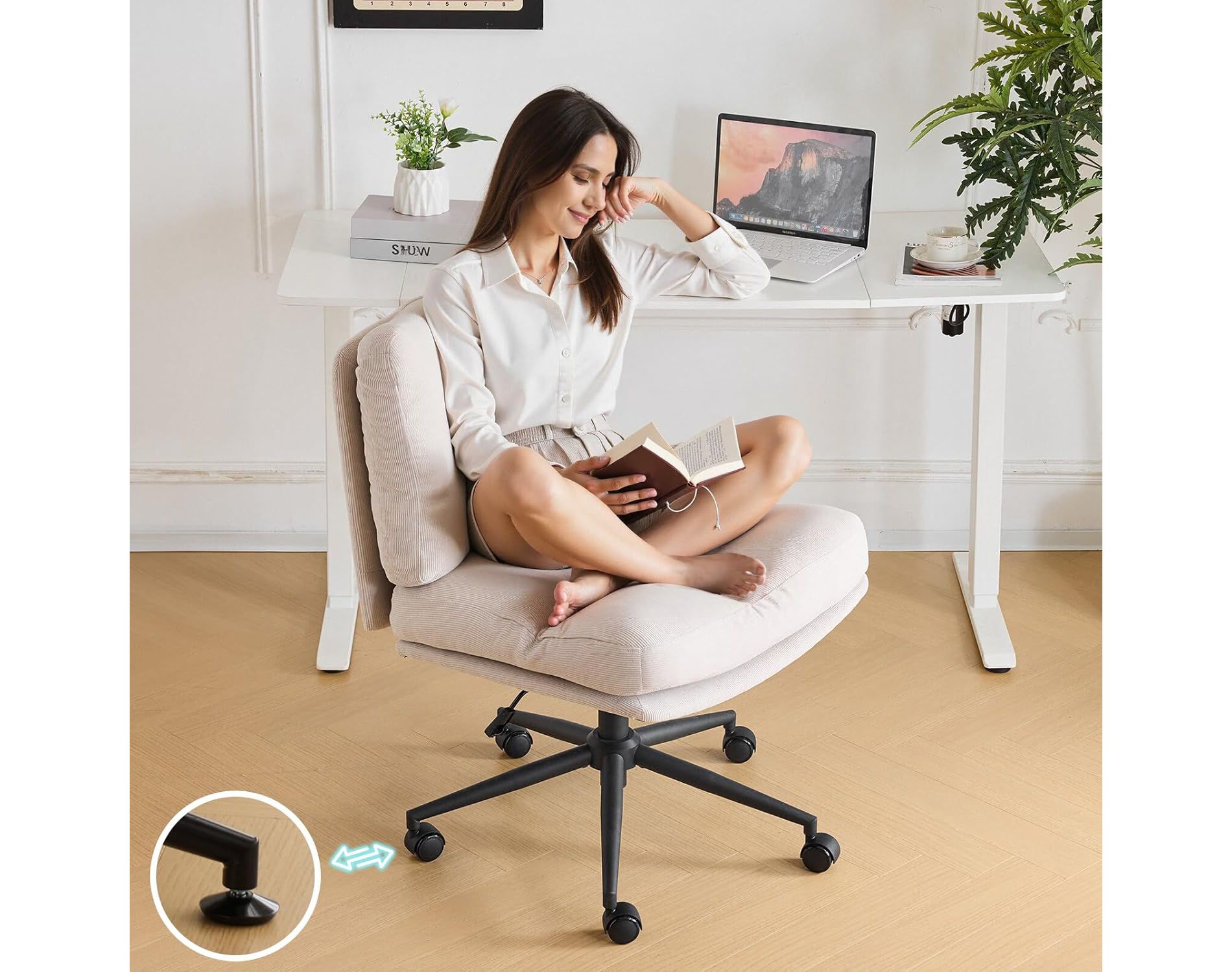 VINGLI Criss Cross Cloud Seat,Comfy Corduroy Cross Legged Office Desk Chair with/no Wheels,Cute Vanity Stool,Grey