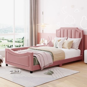 Upholstered Platform Bed, Twin Size Wood Platform Beds with Stripe Shaped Headboard, Easy Assembly (78.7" L x 41.3" W x 40.1" H) - 1 of 4