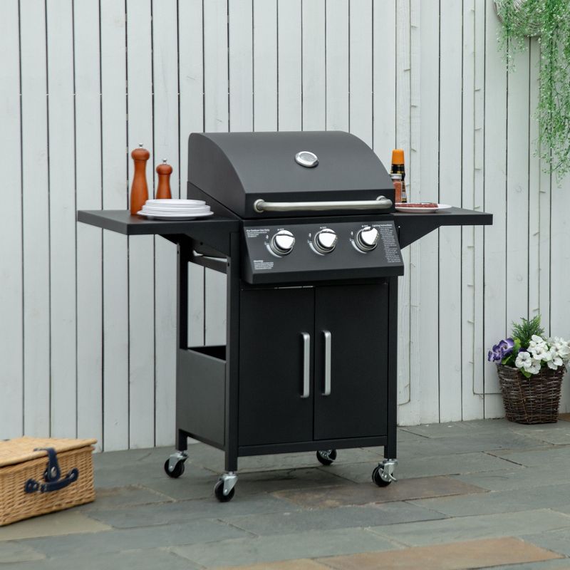 Outsunny 3 Burner Portable Gas Grill w/ Wheels, Outdoor Steel Propane Barbecue w/ Warming Rack, Shelves, Storage Cabinet, Thermometer, Black, 3 of 7
