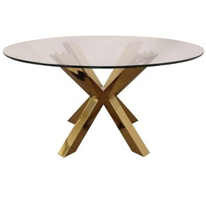 HomeRoots 54" Clear and Gold Glass and Metal Cross Leg Base Round Top Dining Table - 1 of 4