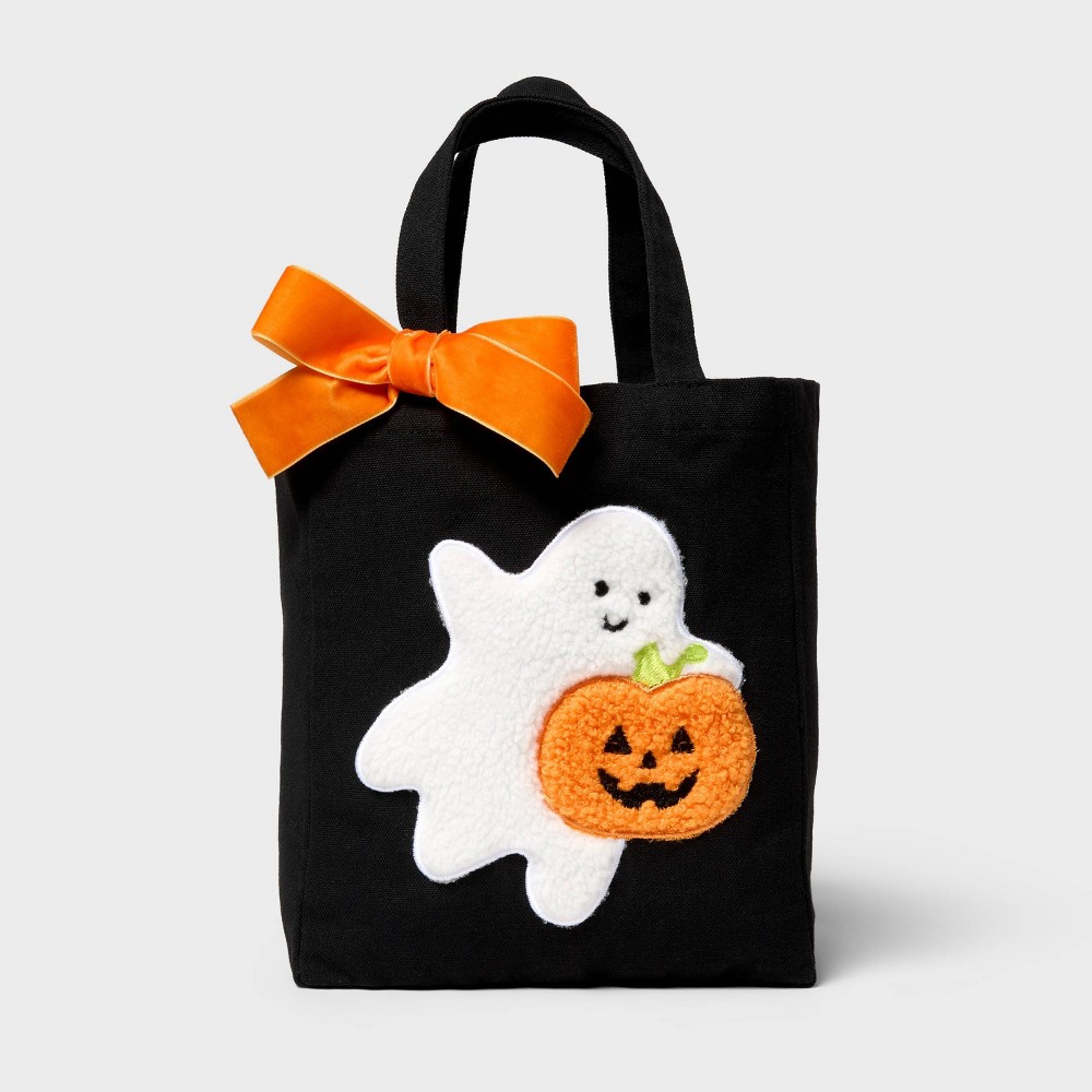 Small Halloween Ghost and Pumpkin Applique Canvas Tote Gift Bag with Bow Black/Orange/White - Spritz™