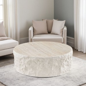 35.43" Fiberglass Round Coffee Table with Stone-Look Top - 1 of 4