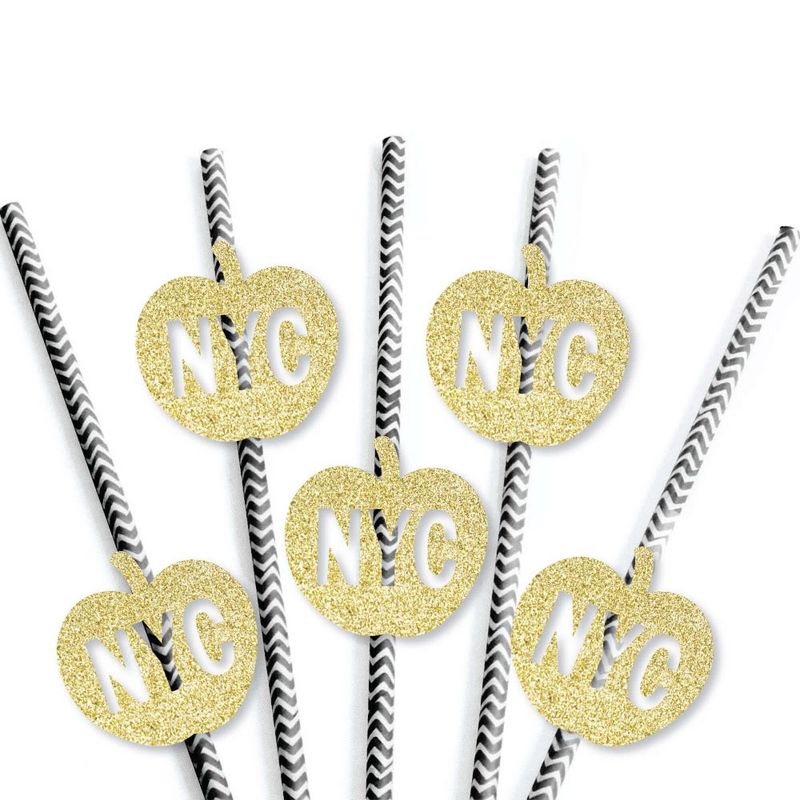 Big Dot of Happiness Gold Glitter NYC Apple Party Straws - No-Mess Real Glitter Cut-Outs and Decorative New York City Party Paper Straws - Set of 24, 3 of 8