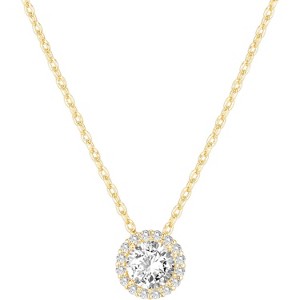 14K Gold Plated Solitaire Pendant Necklace with Halo, Adjustable Slider Chain for Women - 1 of 4