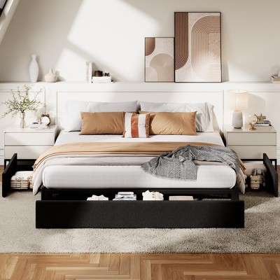 Coucheta Platform Bed Frame - 3 Storage Drawers, Faux Leather Upholstered, Wood Slats, No Box Spring, Easy Assembly