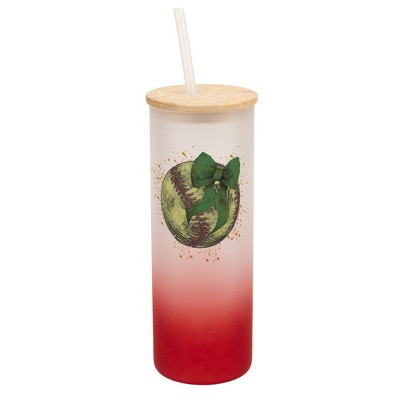 Elanze Designs 25 Ounce Frosted Glass Gradient Travel Tumbler With Straw and Wooden Lid, Softball With Green Bow Red