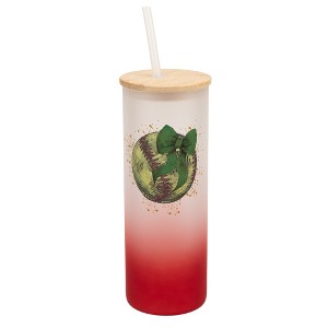 Elanze Designs 25 Ounce Frosted Glass Gradient Travel Tumbler With Straw and Wooden Lid, Softball With Green Bow Red - 1 of 1