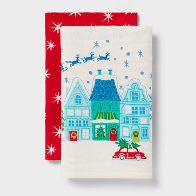 2pk Christmas Winter Village Scene Hand Towels White - Wondershop™