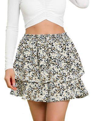 Women's Mini Skirt Summer Floral Print High Waist Pleated Ruffle Hem A-line  Short Skirt Layered Ruffle Hem Boho Mini Skirt Smocked A Line Pleated