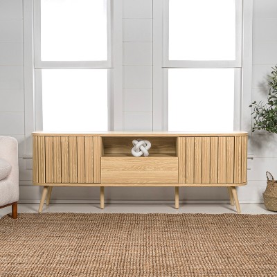 Damien 70" Oak Farmhouse Curved TV Stand with Drawer and Storage Doors