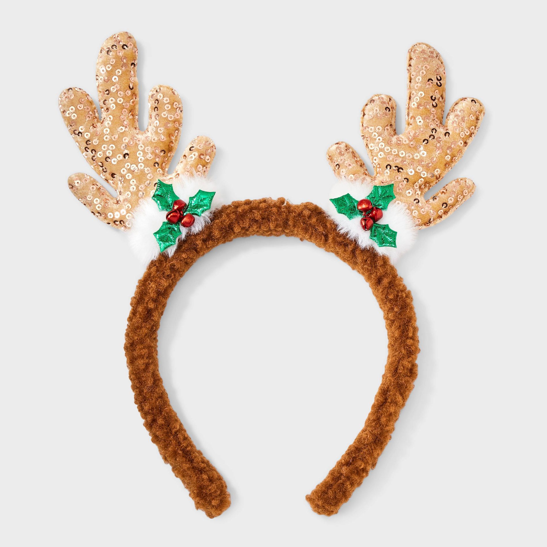 Christmas Reindeer Antler Holly Headband - Brown/Gold