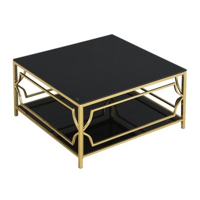 Vynxaria Modern Luxurious Square Glass Coffee Table - 33.5", Gold Finish, Geometric Metal Frame, Tempered Glass + Clear Lower Shelf
