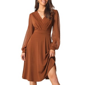 Seta T Women's V Neck Wrap Swiss Dots Semi-Sheer Lantern Long Sleeves Midi Swing Dresses - 1 of 4