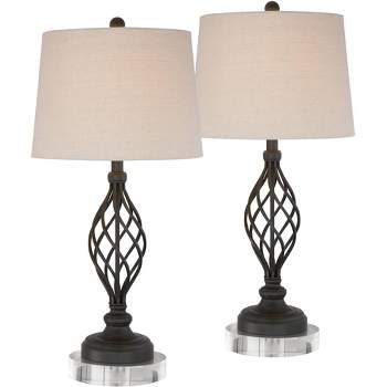 Franklin Iron Works Annie Modern Industrial Table Lamps Set of 2 with Round Riser 29 1/2" Tall Bronze Iron Cream Fabric Drum Shade for Living Room