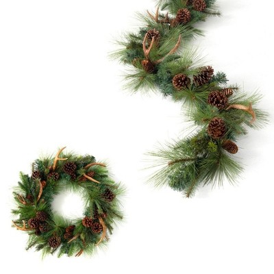 Sullivans Artificial Pine and Antler 28"H Wreath and 6'L Garland Set, Green