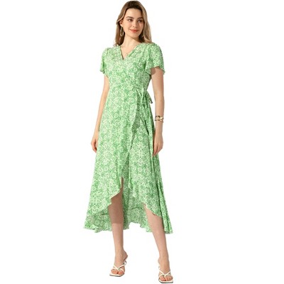 Allegra K Women's Boho Floral Cross V Neck Flutter Sleeve Summer Beach Wrap Dress